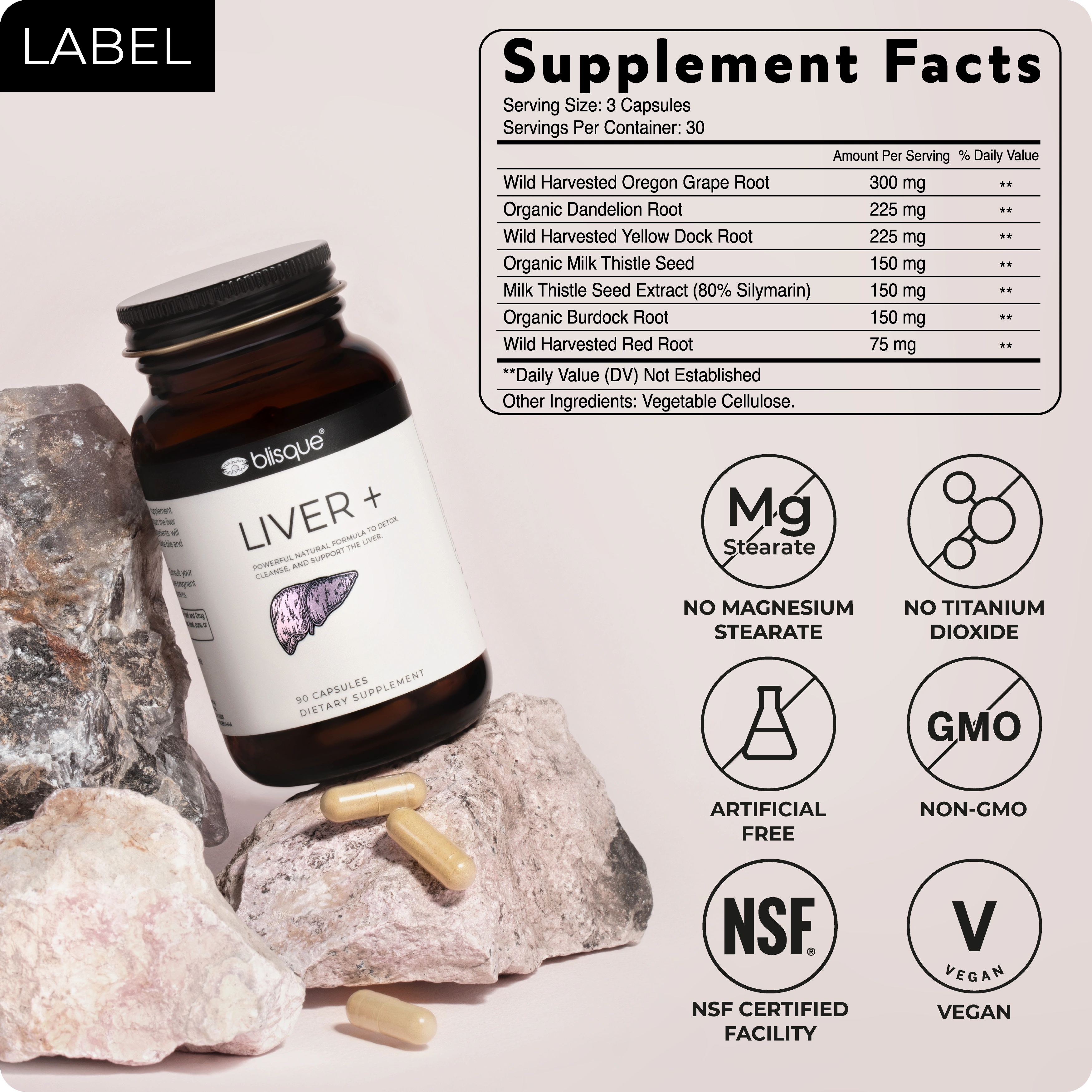 bottle on rocks with supplement facts